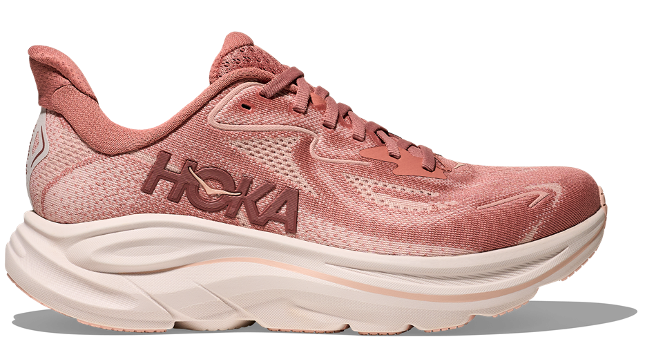 HOKA Clifton 10 Damen-Laufschuh in Altrosa mit cremefarbener Sohle und braunem Logo