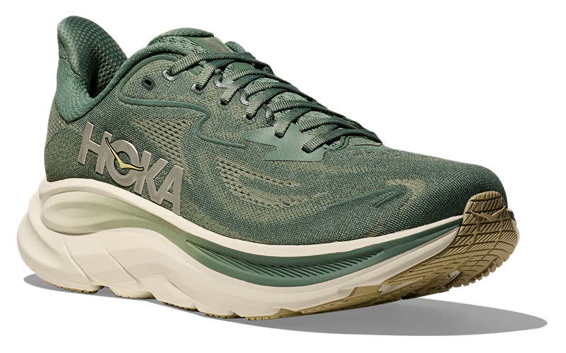 HOKA Clifton 10 Herren-Laufschuh in Grün mit heller Zwischensohle und markantem HOKA-Logo