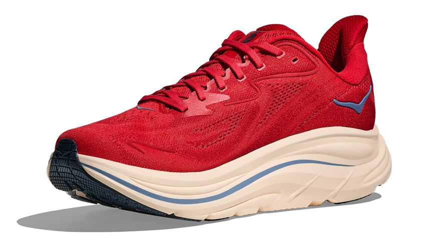 HOKA Clifton 10 in leuchtendem Rot mit heller Zwischensohle
