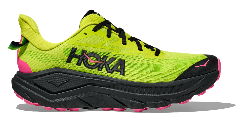 Hoka Challenger 8 Trailrunning-Schuh in Neon-Gelb mit schwarzer Sohle und pinken Details