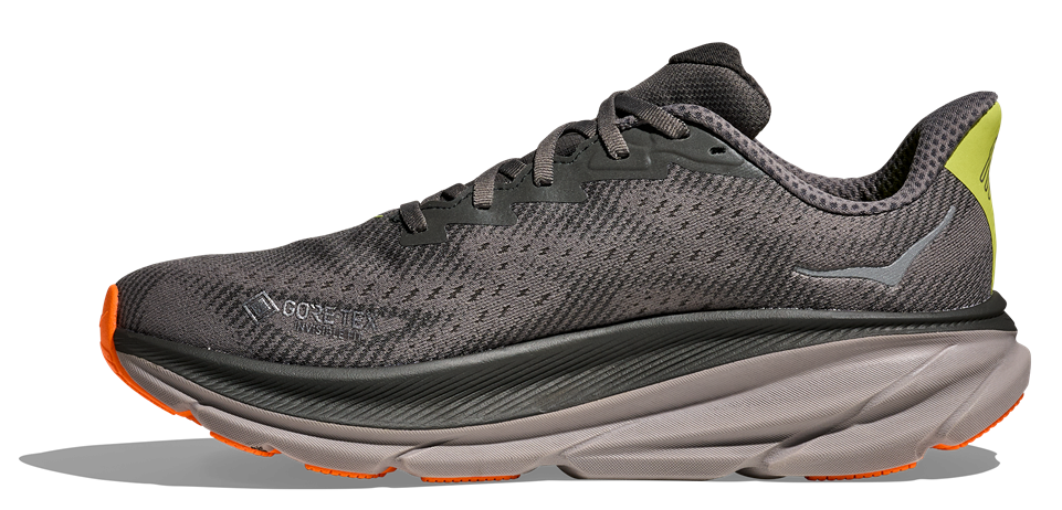Clifton 9 in Grau mit orangener Grip-Sohle Clifton 9 in Grau mit orangener Grip-Sohle