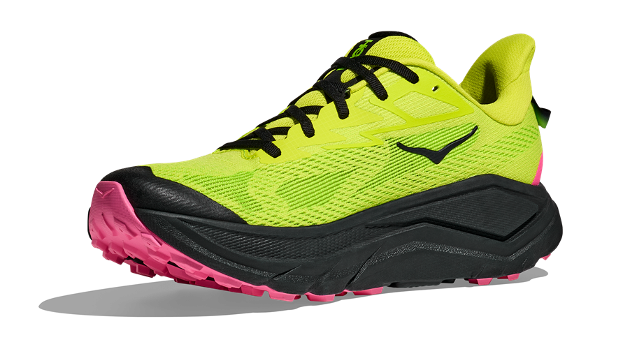 Hoka Challenger 8 Trailrunning-Schuh in Neon-Gelb mit schwarzer Sohle und pinken Details