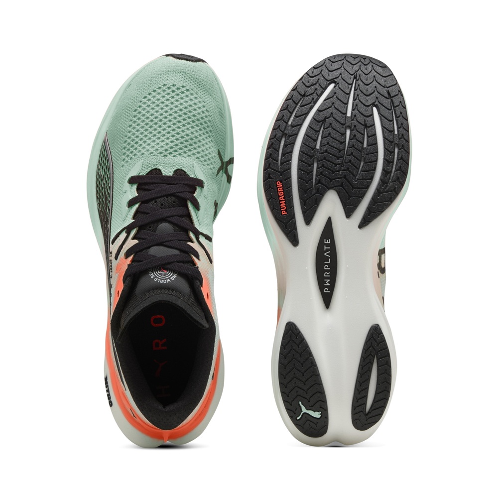 PUMA Deviate NITRO 3 HYROX Laufschuh in Mint-Grün und Orange mit schwarzem PUMA-Logo