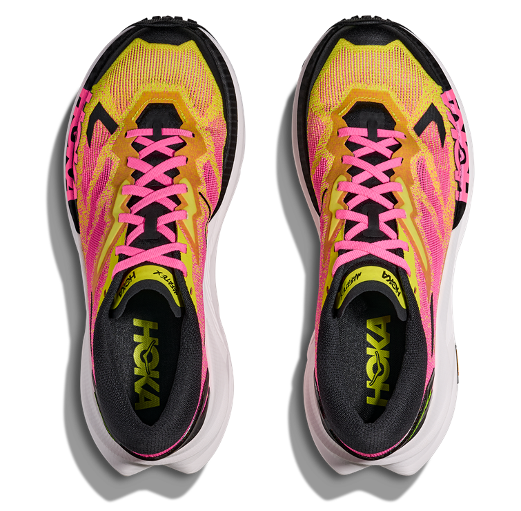 HOKA Mafate X Herren-Trailrunning-Schuh in Pink-Gelb mit schwarzer Vibram-Sohle und auffälligem HOKA-Logo