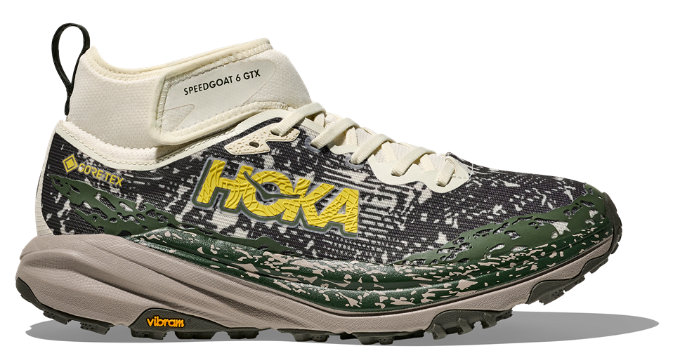 HOKA Speedgoat 6 GTX MID in Camouflage-Design mit hohem Schaft und Vibram-Außensohle