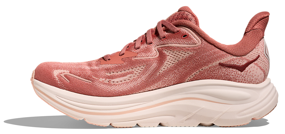 HOKA Clifton 10 Damen-Laufschuh in Altrosa mit cremefarbener Sohle und braunem Logo