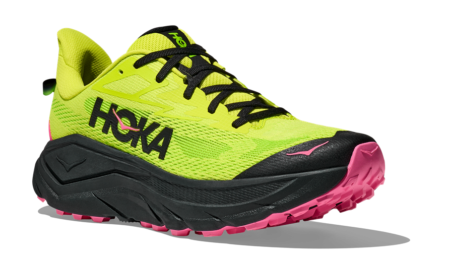 Hoka Challenger 8 Trailrunning-Schuh in Neon-Gelb mit schwarzer Sohle und pinken Details