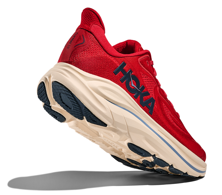 HOKA Clifton 10 in leuchtendem Rot mit heller Zwischensohle