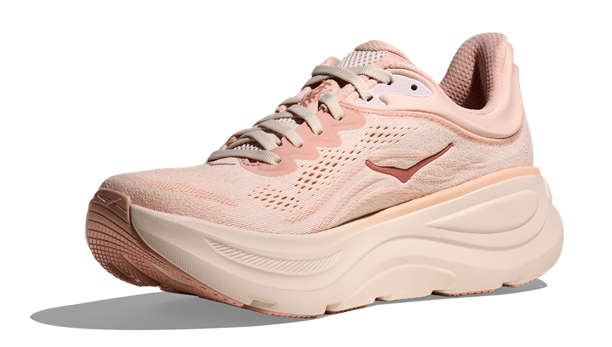 HOKA Bondi 9 Damen-Laufschuh in Rosa-Beige mit maximaler Dämpfung und atmungsaktivem Mesh-Obermaterial.