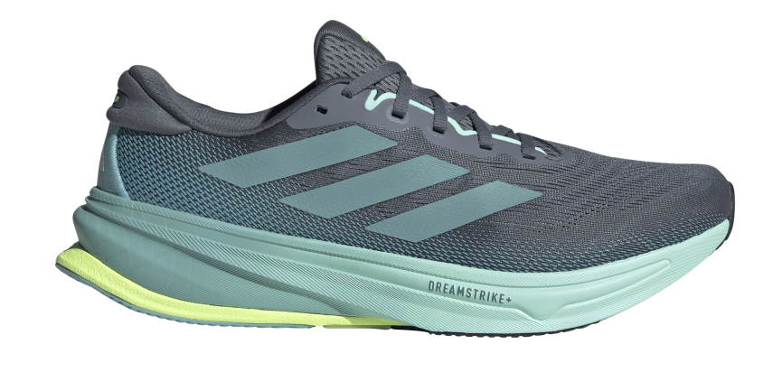 Adidas Supernova Rise 2 M in Blau mit türkisfarbener Sohle und drei Streifen in Seitenansicht.