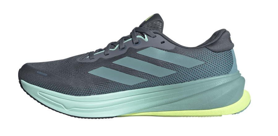 Adidas Supernova Rise 2 M in Blau mit türkisfarbener Sohle und drei Streifen in Seitenansicht.