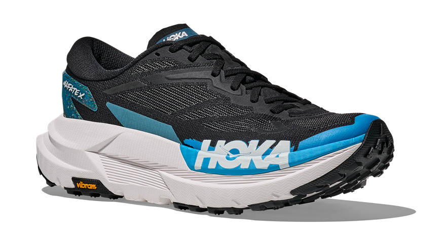 HOKA Mafate X Herren-Trailrunning-Schuh in Schwarz-Blau mit weißer Zwischensohle und blauer Zehenkappe