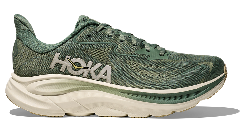 HOKA Clifton 10 Herren-Laufschuh in Grün mit heller Zwischensohle und markantem HOKA-Logo