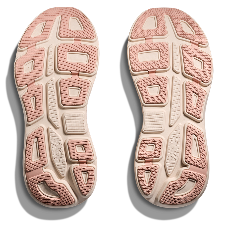 HOKA Bondi 9 Damen-Laufschuh in Rosa-Beige mit maximaler Dämpfung und atmungsaktivem Mesh-Obermaterial.