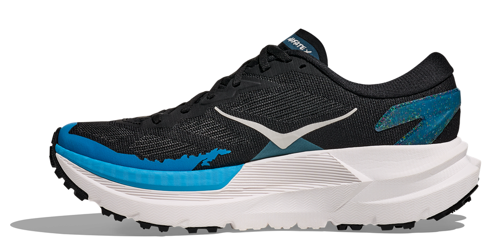HOKA Mafate X Herren-Trailrunning-Schuh in Schwarz-Blau mit weißer Zwischensohle und blauer Zehenkappe