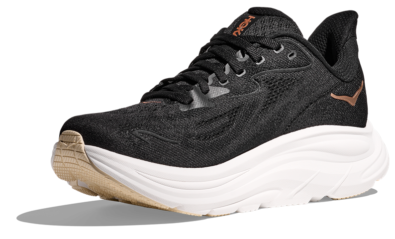 HOKA Laufschuh Modell Clifton 10 Schwarz Mit Weißer Sohle und Rose- Goldenem Logo