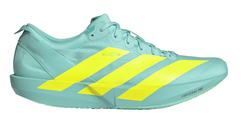 Adidas Adizero Adios 9 Männerschuh in Türkis mit gelbem Logo
