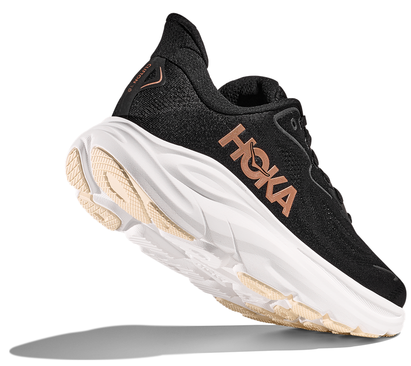 HOKA Laufschuh Modell Clifton 10 Schwarz Mit Weißer Sohle und Rose- Goldenem Logo