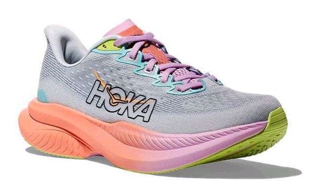 HOKA MAch 6 Grau mit Orange, Rosa Sohle