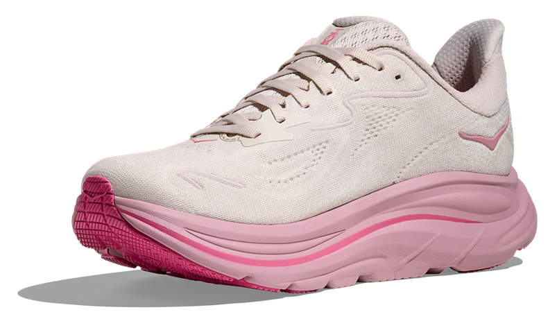 HOKA Clifton 10 Damen-Laufschuh in Beige mit pinkfarbener Sohle und rosafarbenem Logo 
