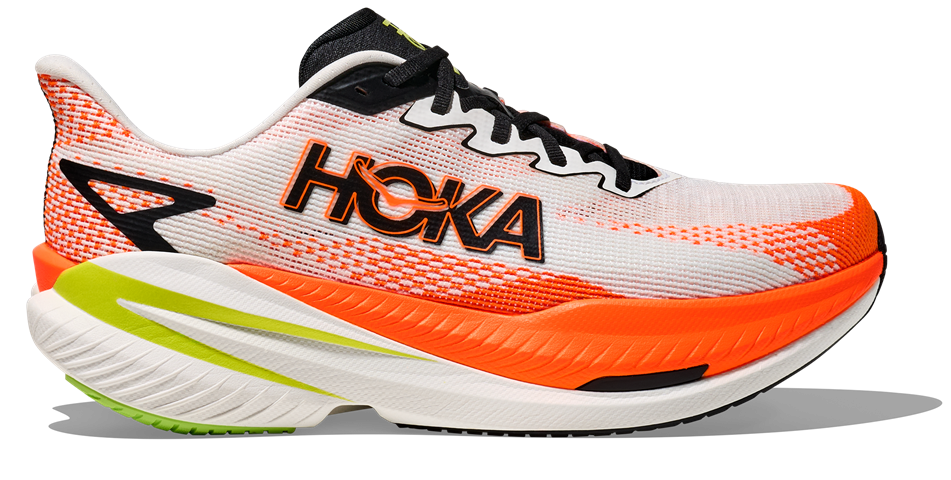 HOKA Mach X3 weiß Orange, Schwarzes Logo und Schwarze Schnürsenkel