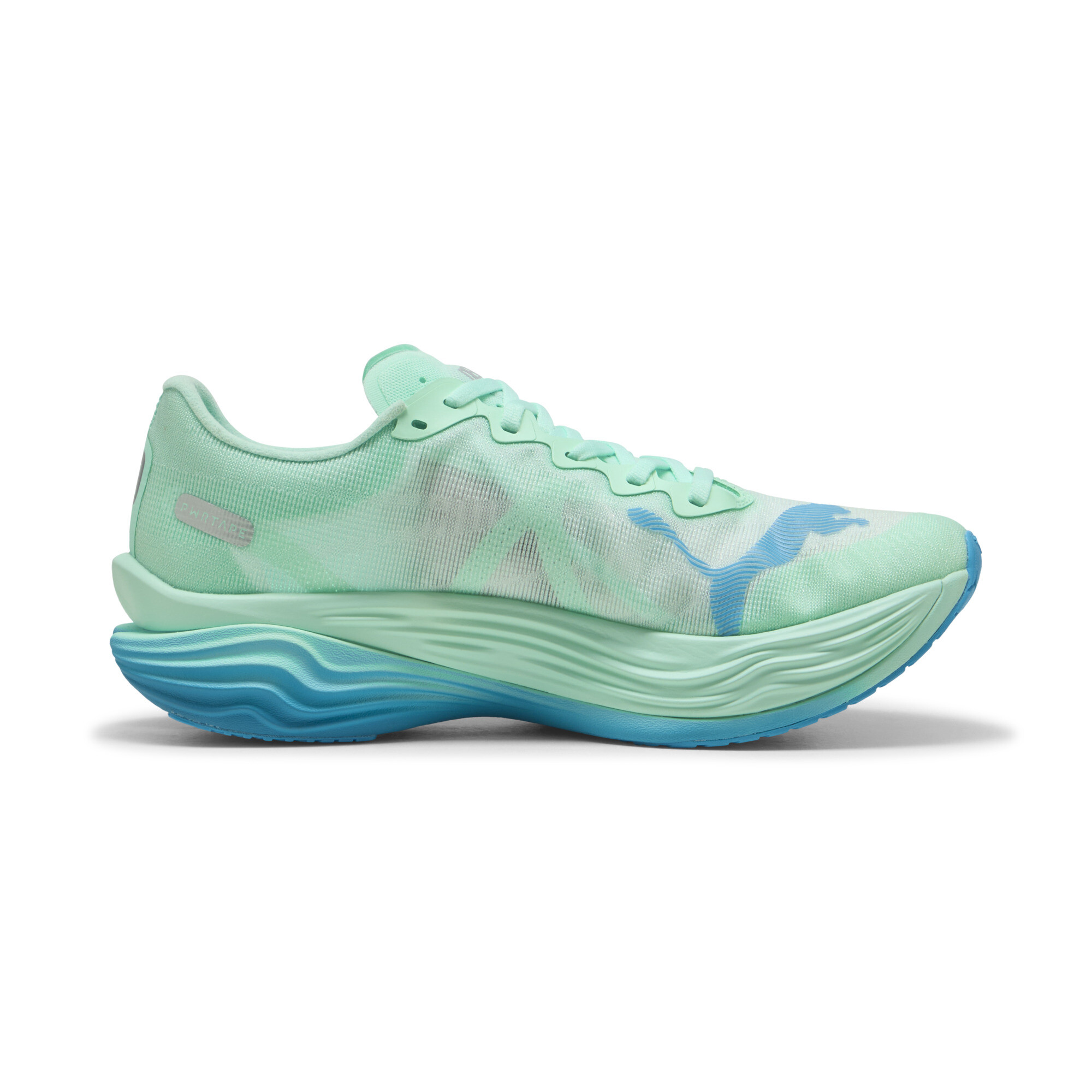 PUMA Deviate NITRO Elite 3 Laufschuh in Mintgrün mit blauer Sohle und seitlichem Logo – leichter Wettkampfschuh für maximale Performance.