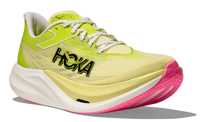 HOKA Rocket X3 - Neon-gelbes Obermaterial, schwarzer Hoka schriftzug, Rosane Grip Sohle