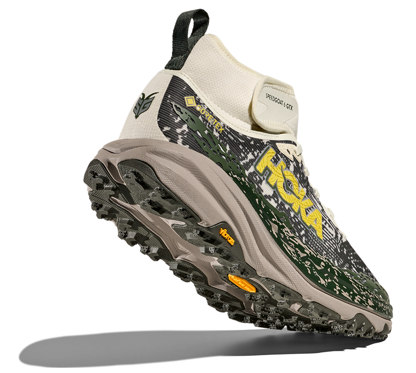 HOKA Speedgoat 6 GTX MID in Camouflage-Design mit hohem Schaft und Vibram-Außensohle