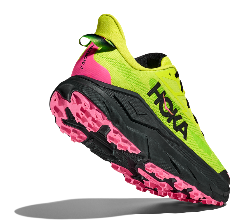 Hoka Challenger 8 Trailrunning-Schuh in Neon-Gelb mit schwarzer Sohle und pinken Details