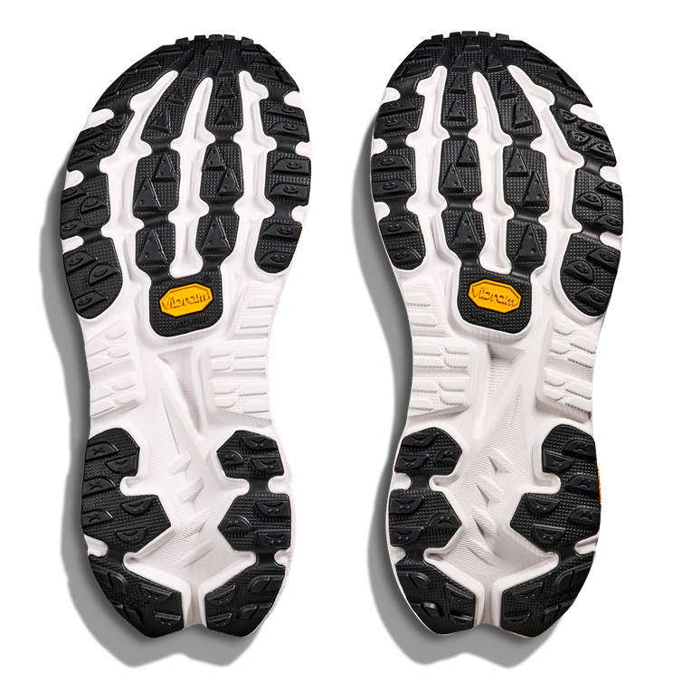 HOKA Mafate X Herren-Trailrunning-Schuh in Pink-Gelb mit schwarzer Vibram-Sohle und auffälligem HOKA-Logo
