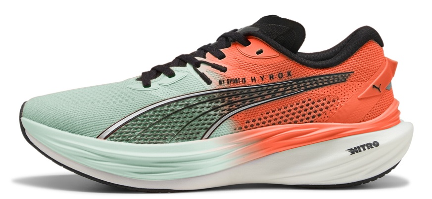 PUMA Deviate NITRO 3 HYROX Laufschuh in Mint-Grün und Orange mit schwarzem PUMA-Logo