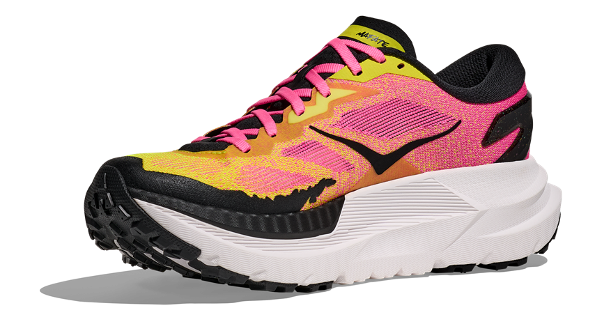 HOKA Mafate X Herren-Trailrunning-Schuh in Pink-Gelb mit schwarzer Vibram-Sohle und auffälligem HOKA-Logo