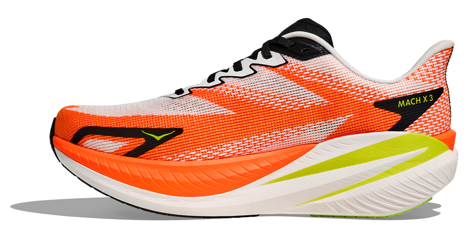 HOKA Mach X3 weiß Orange, Schwarzes Logo und Schwarze Schnürsenkel