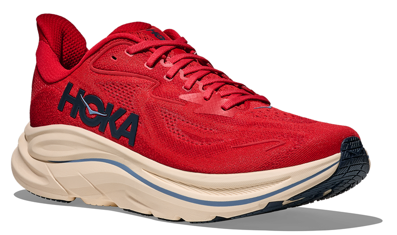HOKA Clifton 10 in leuchtendem Rot mit heller Zwischensohle