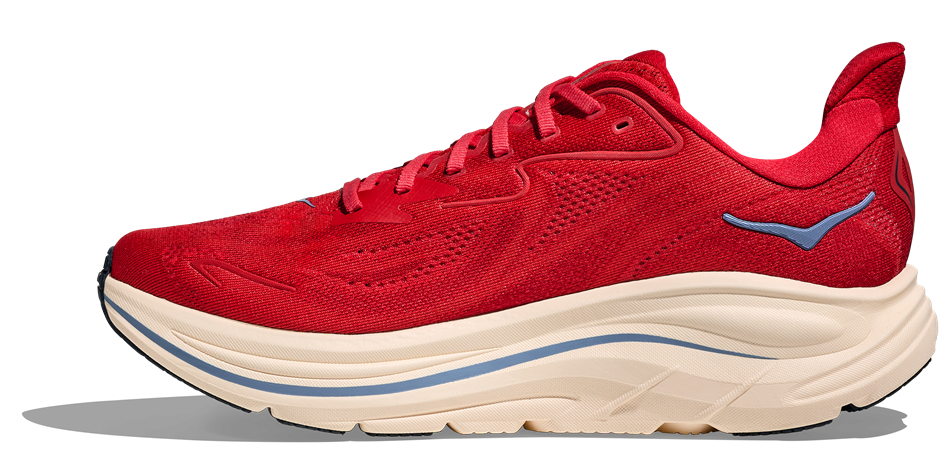 HOKA Clifton 10 in leuchtendem Rot mit heller Zwischensohle