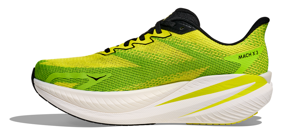 Hoka Mach X 3 Laufschuh in leuchtendem Gelb-Grün mit schwarzer Sohle und schwarzen Schnürsenkeln, seitlich mit großem HOKA-Logo