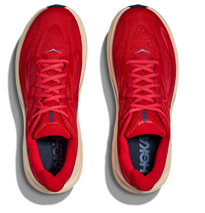 HOKA Clifton 10 in leuchtendem Rot mit heller Zwischensohle
