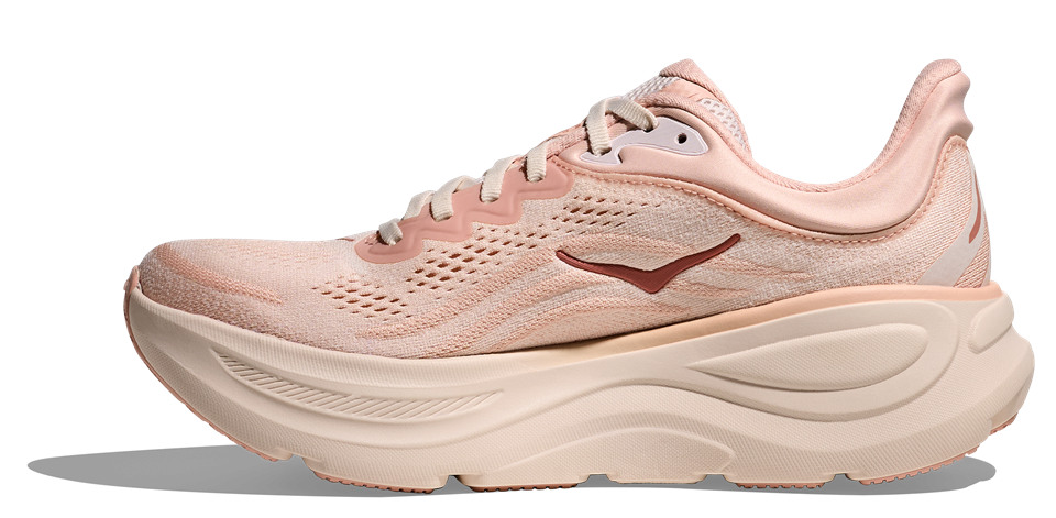HOKA Bondi 9 Damen-Laufschuh in Rosa-Beige mit maximaler Dämpfung und atmungsaktivem Mesh-Obermaterial.