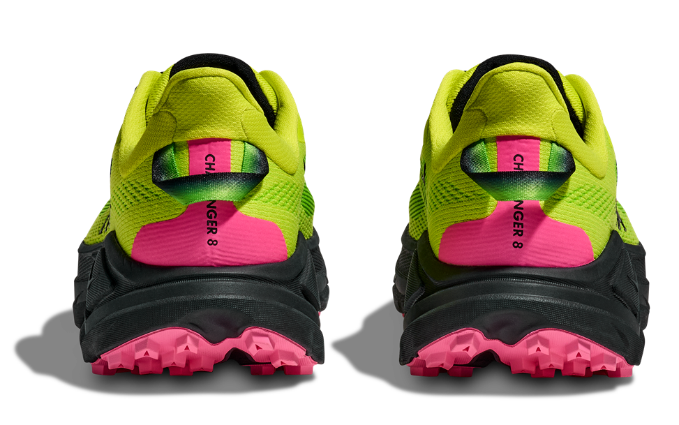 Hoka Challenger 8 Trailrunning-Schuh in Neon-Gelb mit schwarzer Sohle und pinken Details