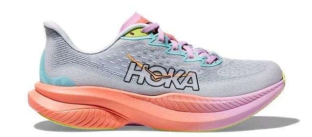 HOKA MAch 6 Grau mit Orange, Rosa Sohle