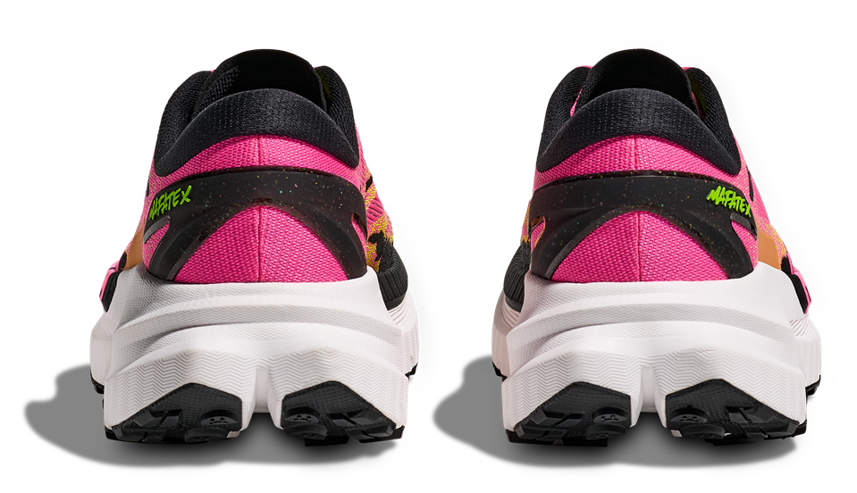 HOKA Mafate X Herren-Trailrunning-Schuh in Pink-Gelb mit schwarzer Vibram-Sohle und auffälligem HOKA-Logo