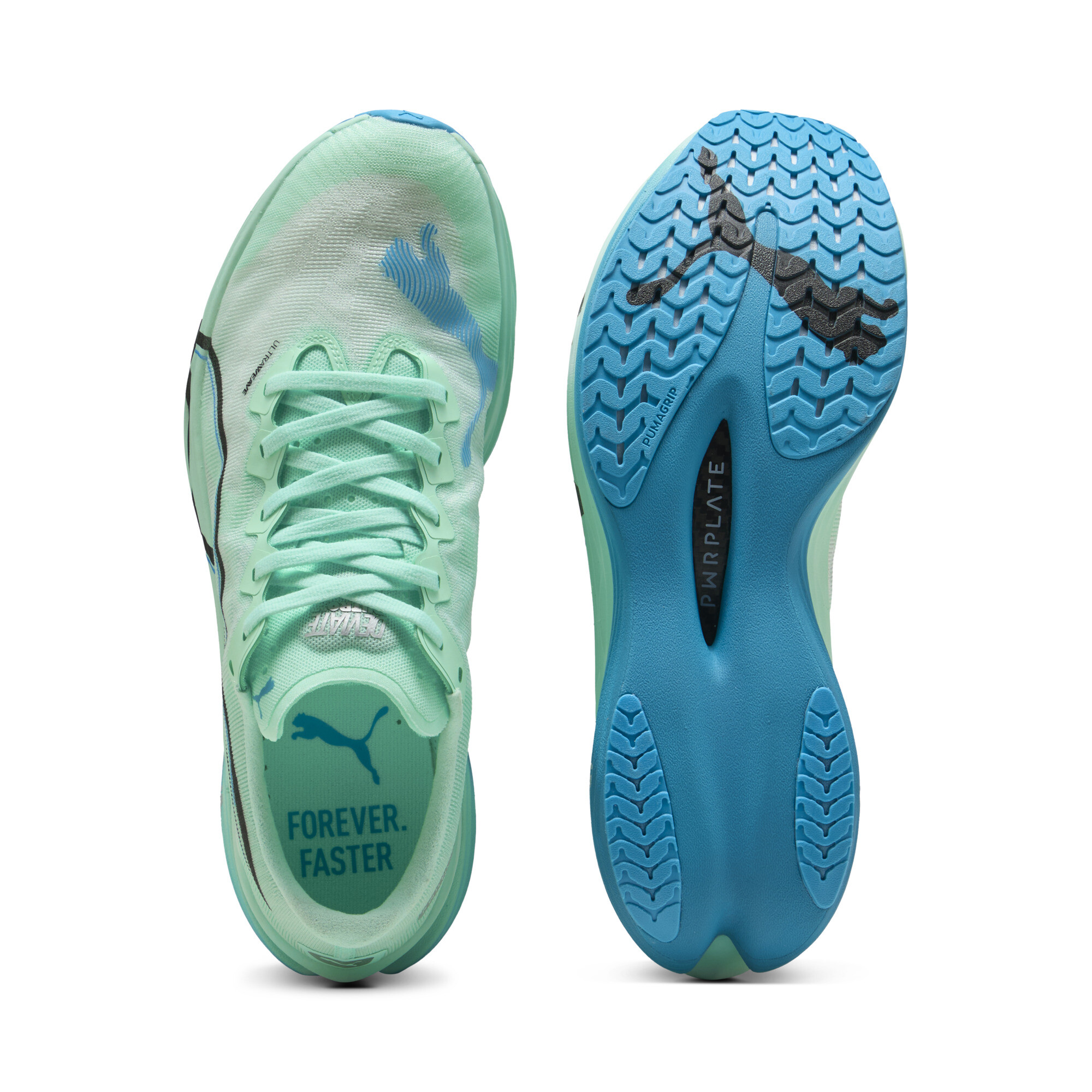 PUMA Deviate NITRO Elite 3 Laufschuh in Mintgrün mit blauer Sohle und seitlichem Logo – leichter Wettkampfschuh für maximale Performance.