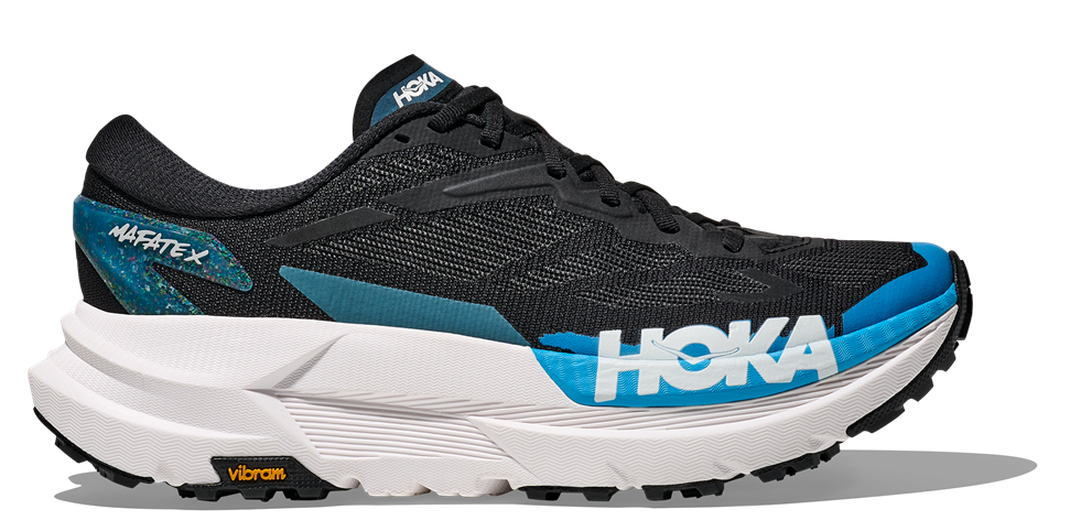 HOKA Mafate X Herren-Trailrunning-Schuh in Schwarz-Blau mit weißer Zwischensohle und blauer Zehenkappe