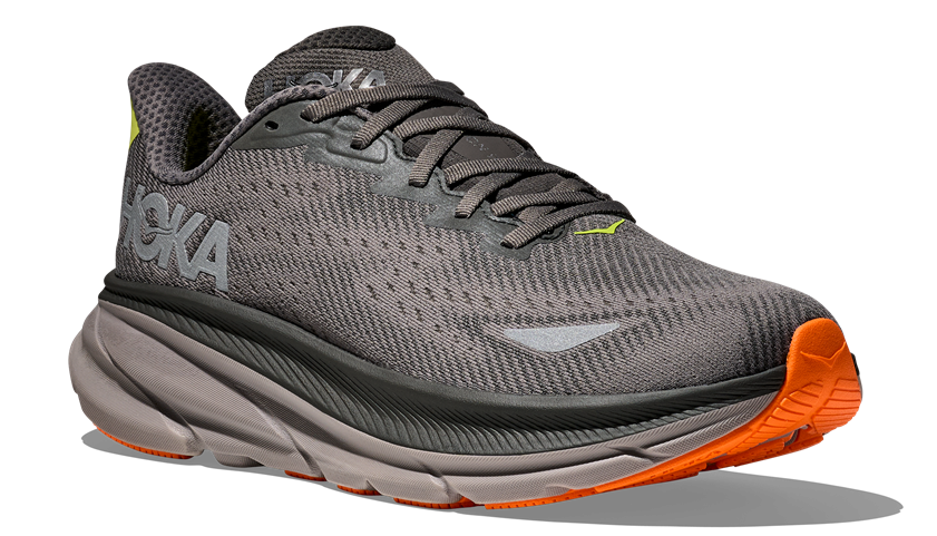 Clifton 9 in Grau mit orangener Grip-Sohle 