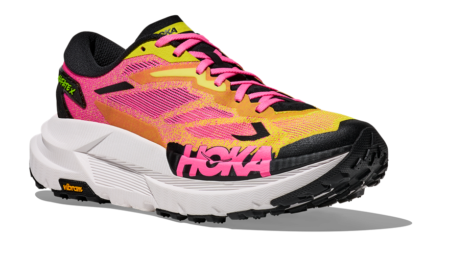 HOKA Mafate X Herren-Trailrunning-Schuh in Pink-Gelb mit schwarzer Vibram-Sohle und auffälligem HOKA-Logo