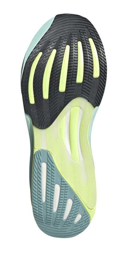 Adidas Supernova Rise 2 M in Blau mit türkisfarbener Sohle und drei Streifen in Seitenansicht.