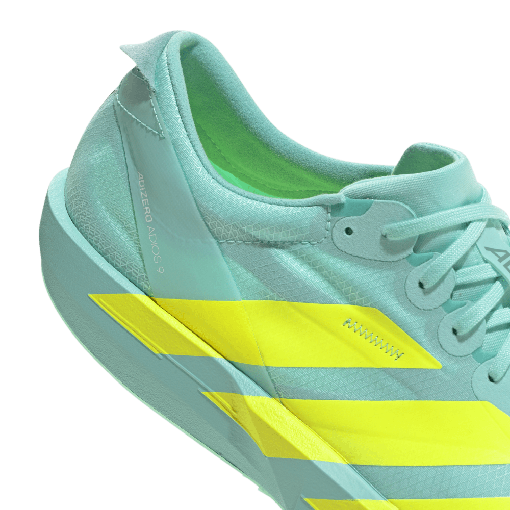 Adidas Adizero Adios 9 Männerschuh in Türkis mit gelbem Logo