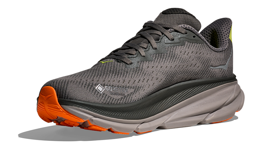 Clifton 9 in Grau mit orangener Grip-Sohle Clifton 9 in Grau mit orangener Grip-Sohle