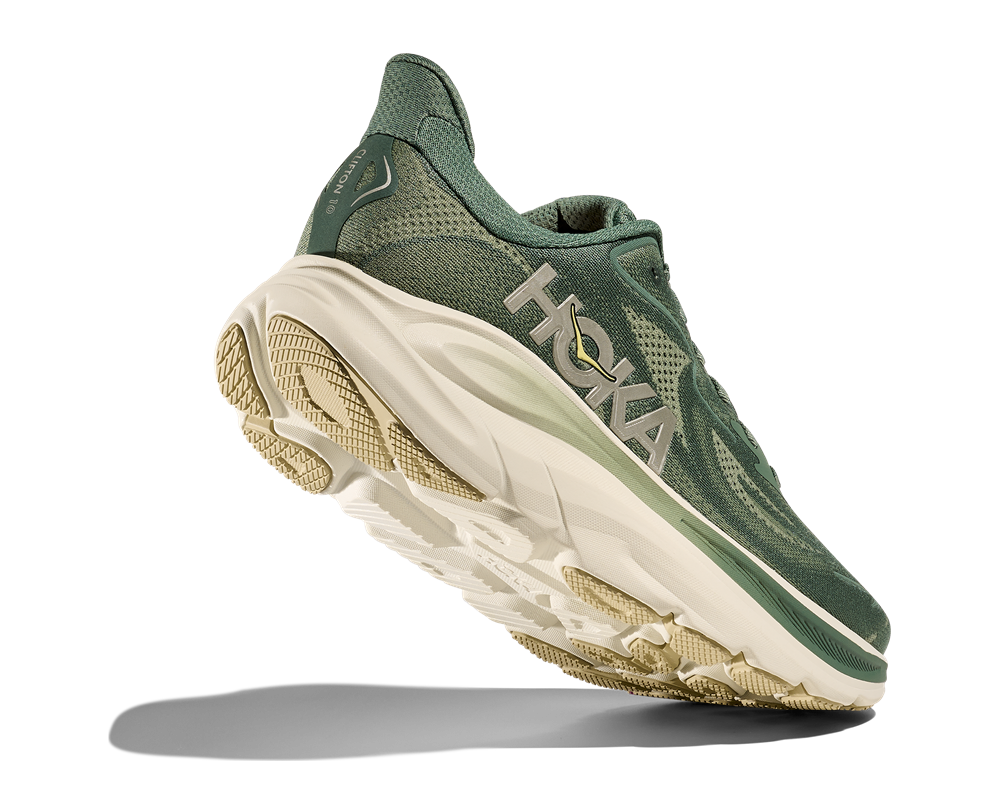 HOKA Clifton 10 Herren-Laufschuh in Grün mit heller Zwischensohle und markantem HOKA-Logo