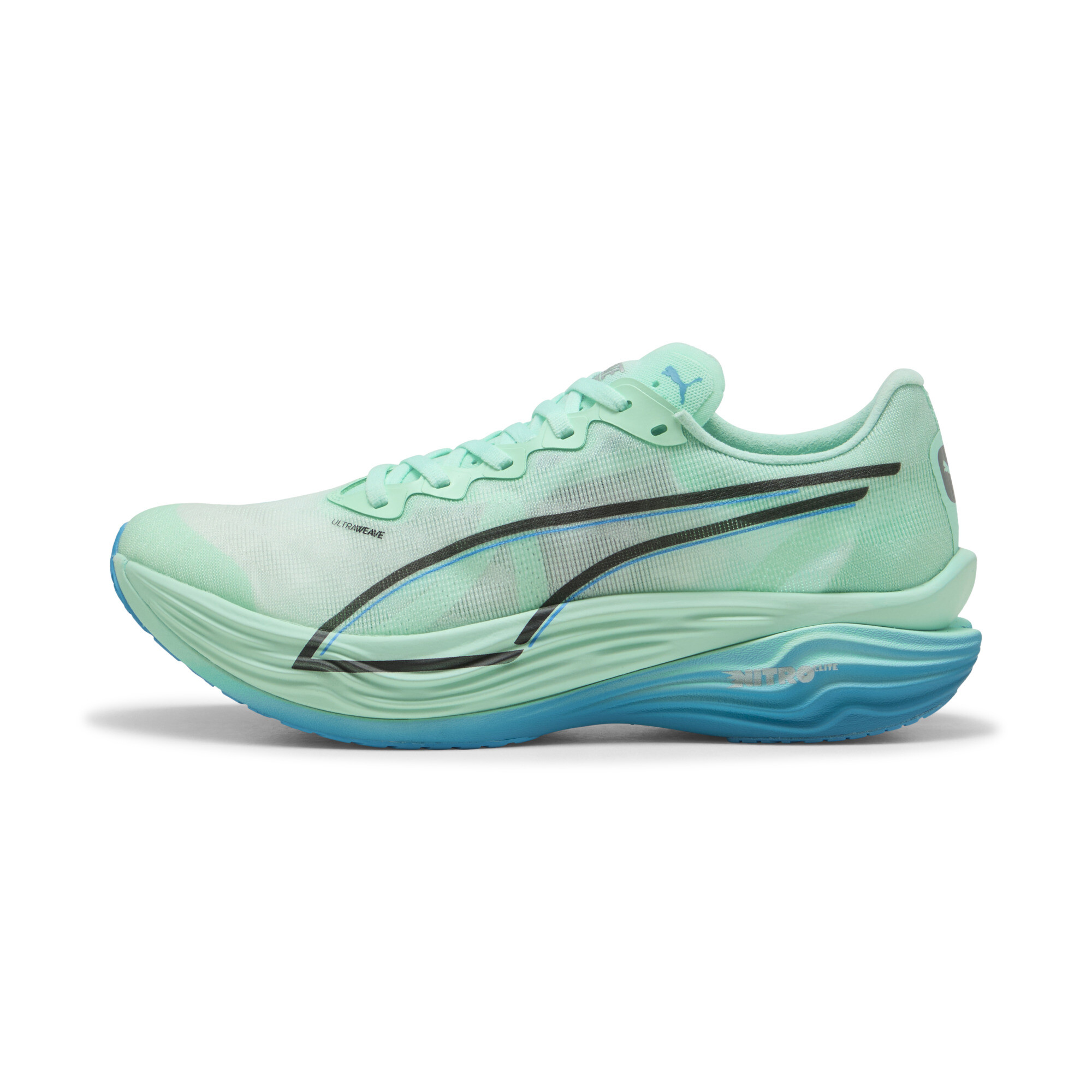 PUMA Deviate NITRO Elite 3 Laufschuh in Mintgrün mit blauer Sohle und seitlichem Logo – leichter Wettkampfschuh für maximale Performance.